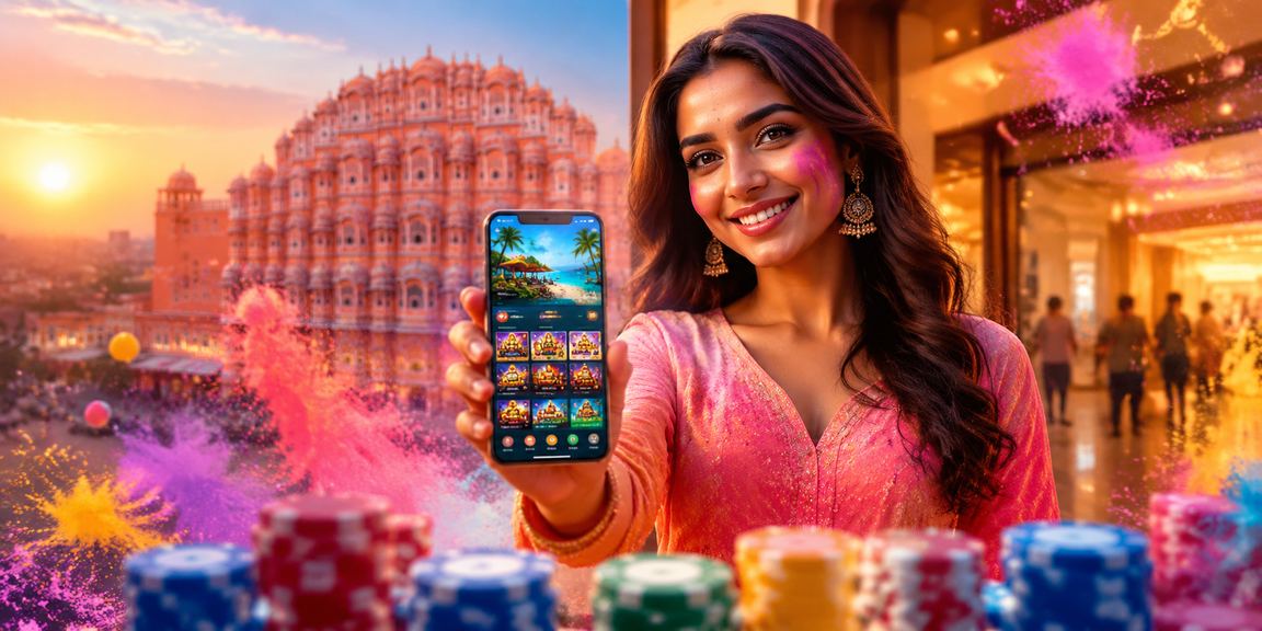 Woman using casino app during Holi festival in Jaipur
